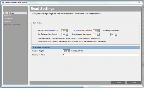 Spectral Optimization Wizard settings for nanoparticles