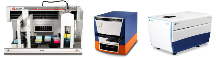 Biomek FXP Workstation (left), SpectraMax i3X reader with MiniMax cytometer (center) or the ImageXpress Micro Confocal system (right)